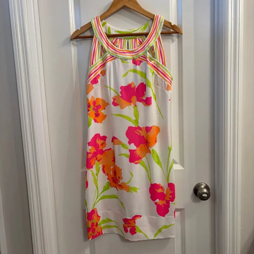 Gretchen Scott Isosceles Icon Dress XS Bright Floral Stripe Neck Stretch Shift - Picture 3 of 11